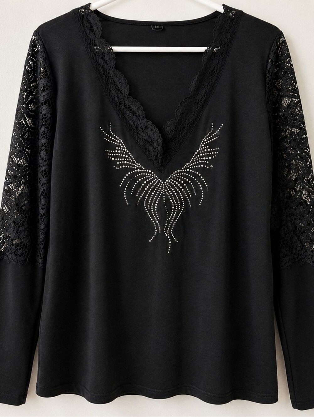 Black Lace-Sleeve Women's Top with Rhinestone Detail